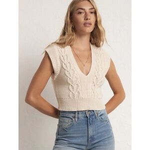 Z Supply ‘Roped In’ Cropped Cable Knit V-Neck Sweater Vest in Sandstone Size L